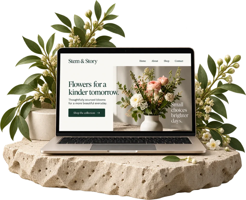 Illustrative florist website displayed on a laptop with botanicals and a stone slab.
