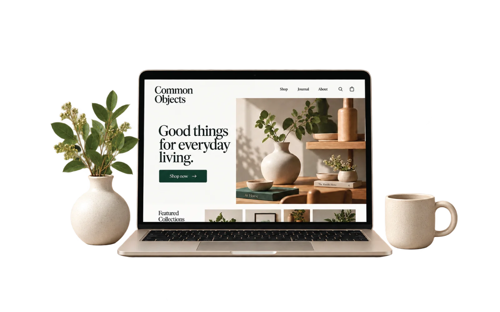 Illustrative independent-shop website displayed on a laptop.